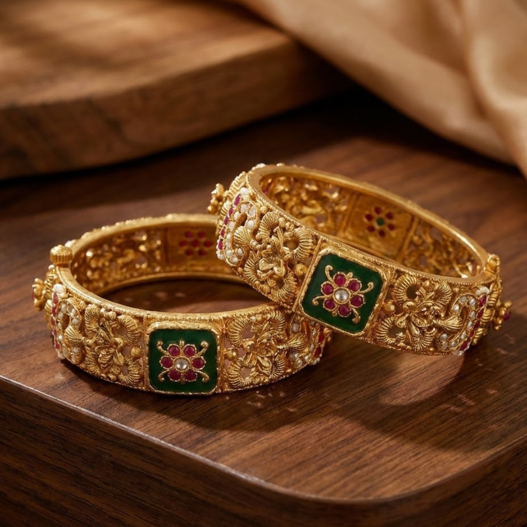 Traditional Gold-Plated Kundan Bangles with Green & Pink Stones