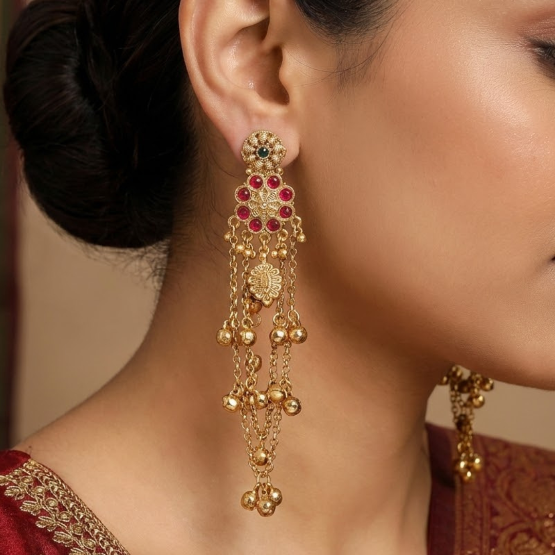 Antique Gold Ruby Floral Cascading Earrings with Ghungroo
