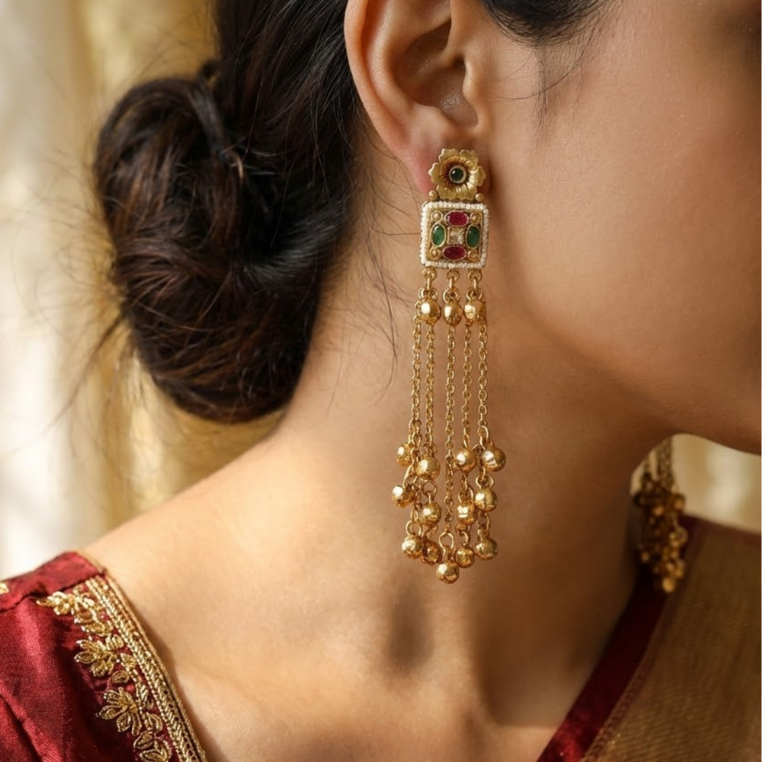 Antique Gold-Plated Long Drop Earrings with Ruby, Emerald & Pearl Accents