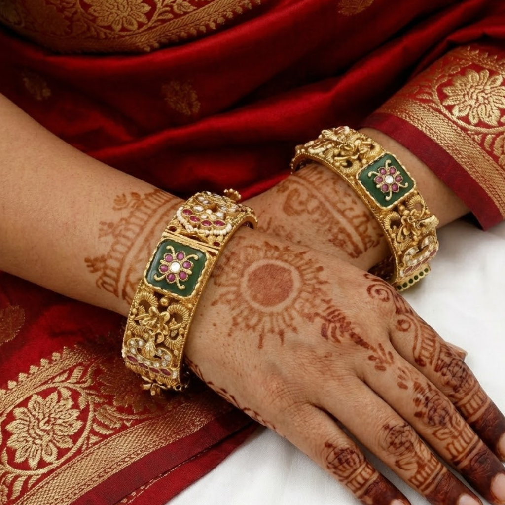 Traditional Gold-Plated Kundan Bangles with Green & Pink Stones