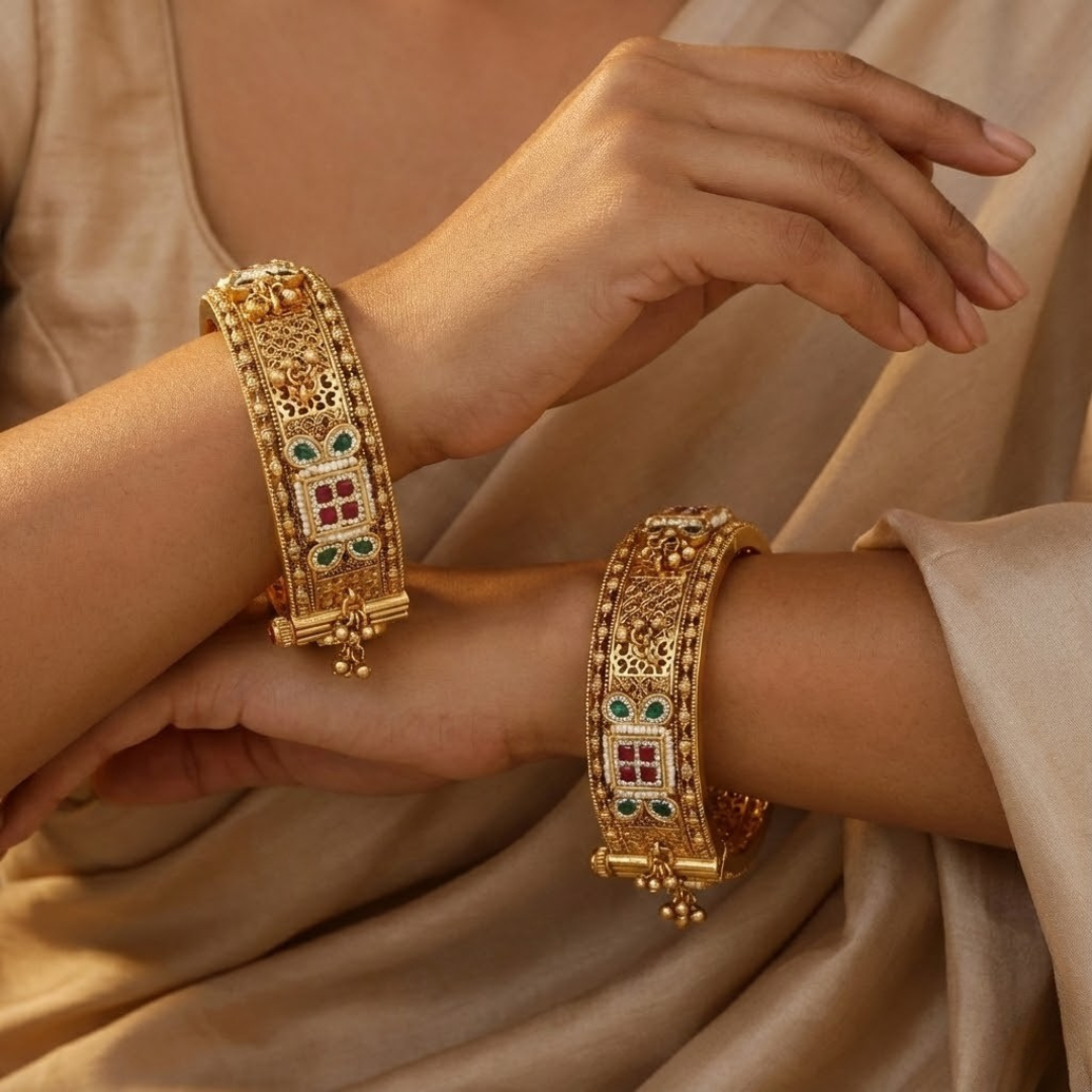 Antique Gold-Plated Kangan with Ruby, Emerald & Pearl Accents