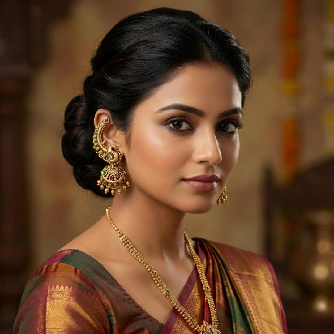 Antique Gold-Plated Peacock Ear-Cuff Jhumka Earrings