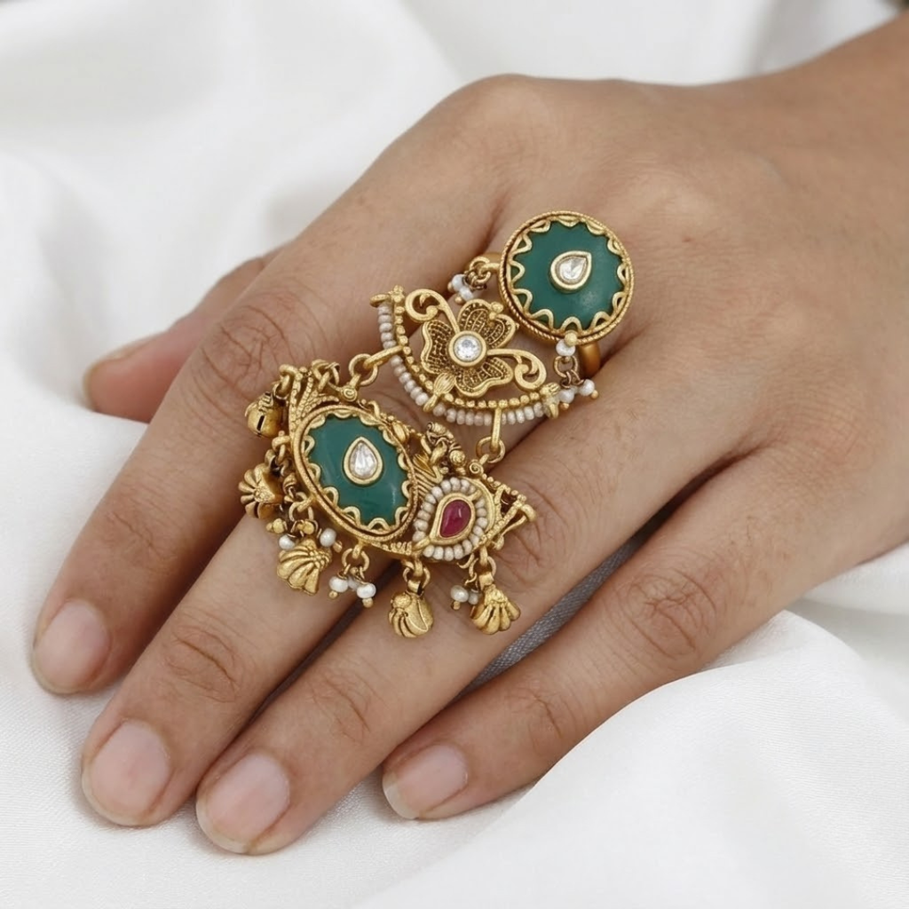 Antique Gold-Plated Emerald Green Jadau Statement Ring