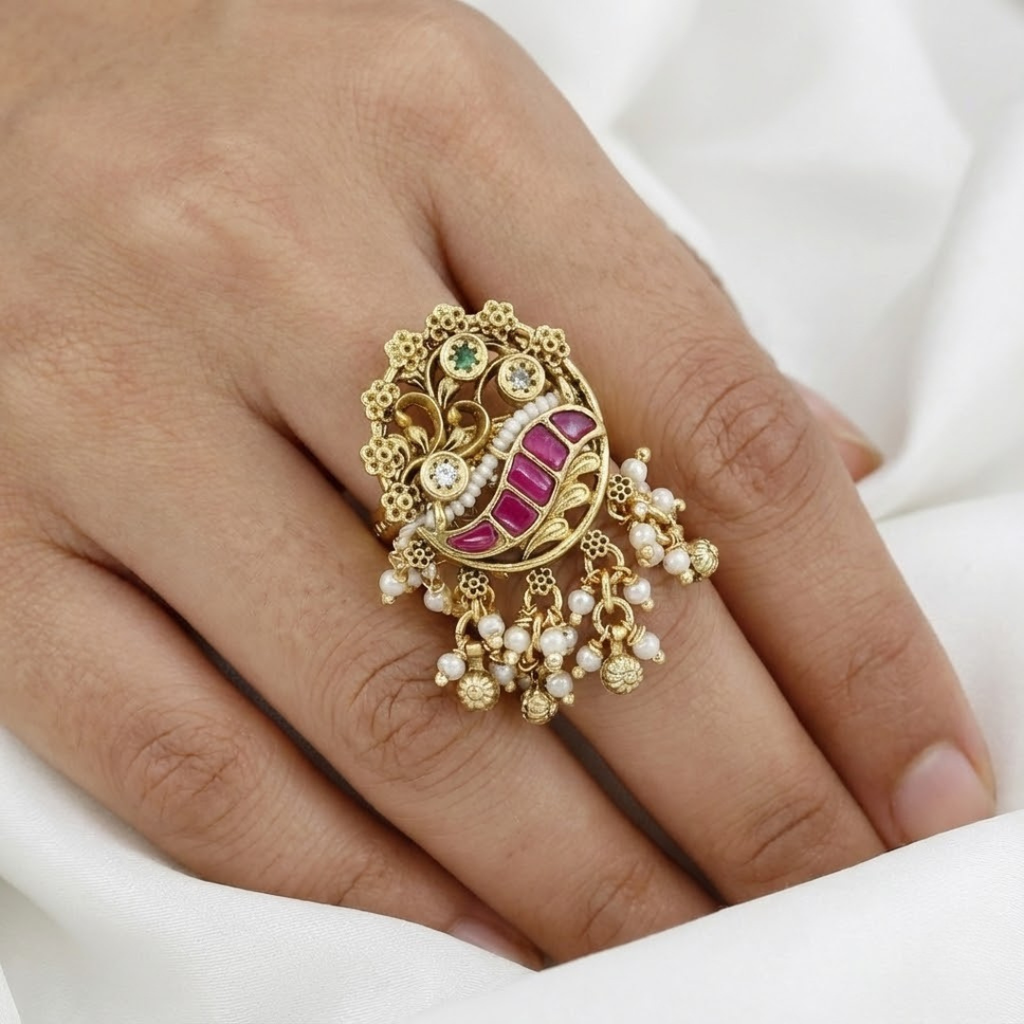 Antique Gold-toned Peacock Motif Statement Ring