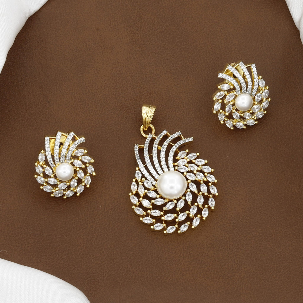 Pearl & Gold Swirl Pendant Set with Matching Earrings With Chain