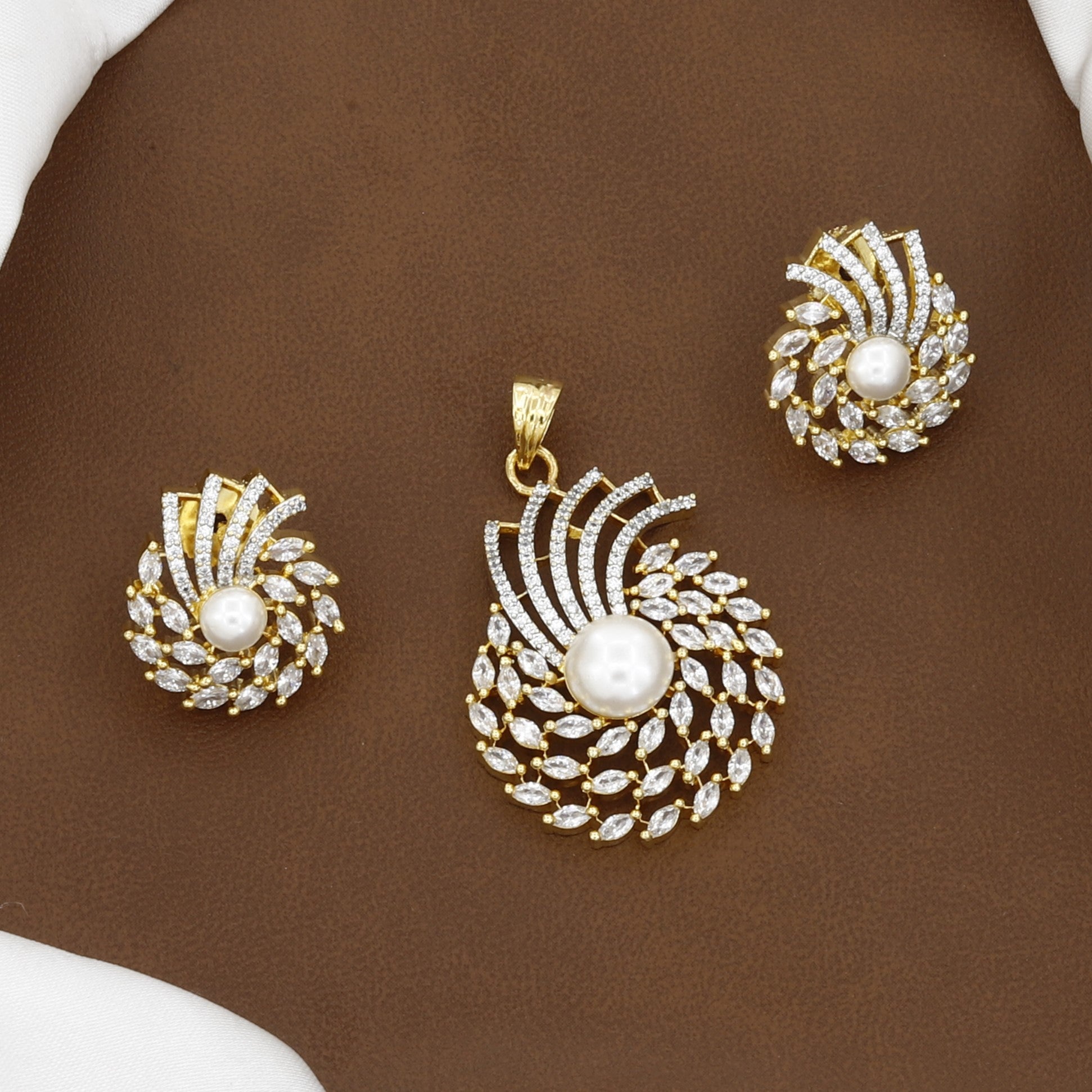 Pearl & Gold Swirl Pendant Set with Matching Earrings With Chain