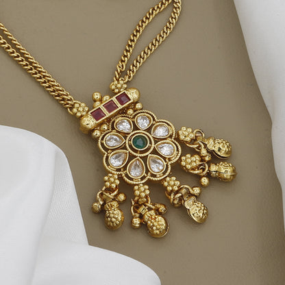 Antique Finish Floral Necklace Set with White and Green Stones (Medium)