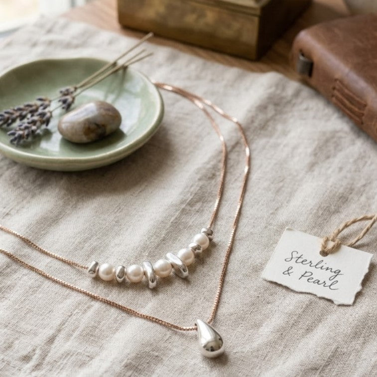 Layered Sterling Silver & Pearl Teardrop Necklace