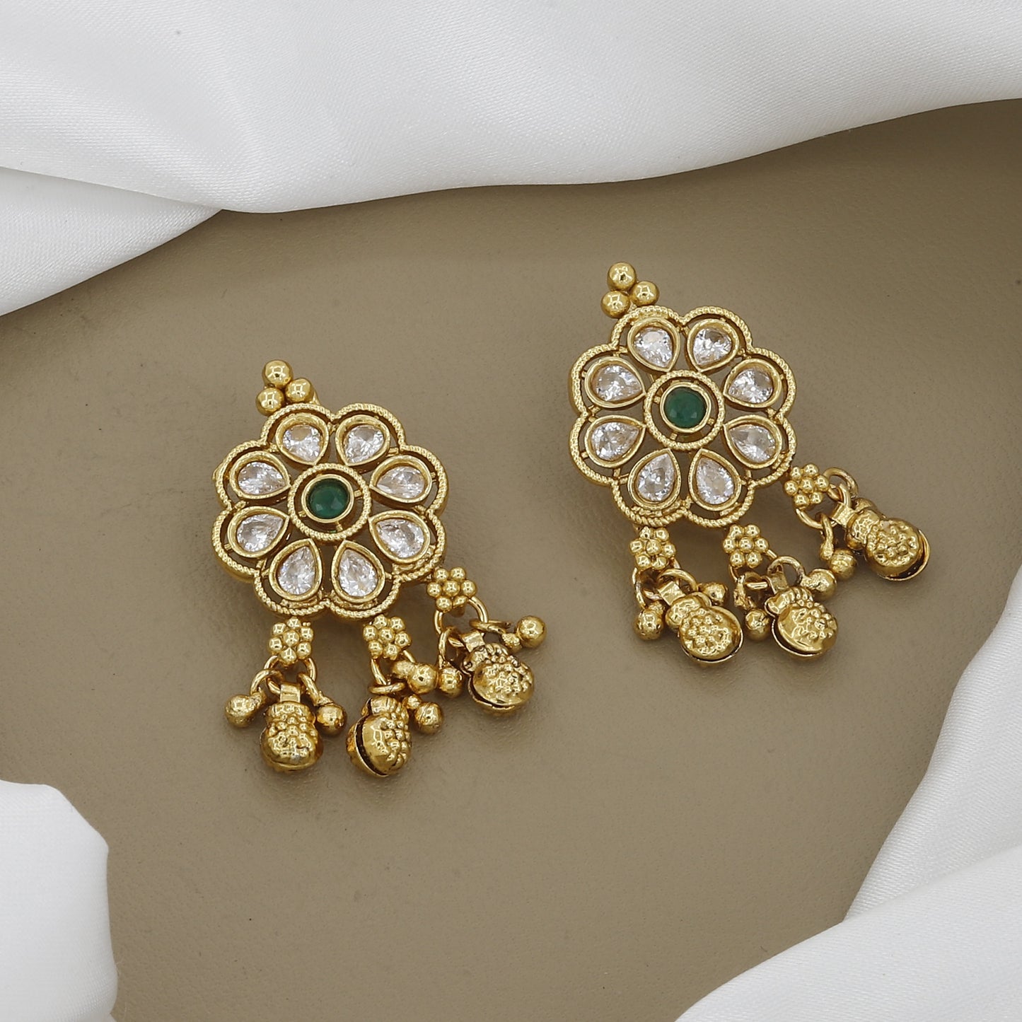 Antique Finish Floral Necklace Set with White and Green Stones (Medium)