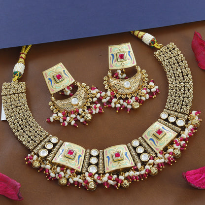 Antique Pastel Design Wedding Short Necklace With Earrings