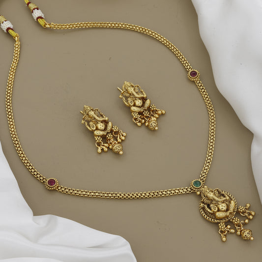 Traditional Lord Ganesha Pendant Necklace & Earrings Set in Gold Finish
