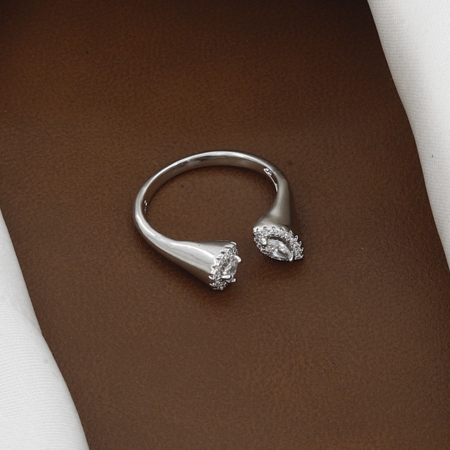 Marquise & Round Halo Silver Open Bypass Ring