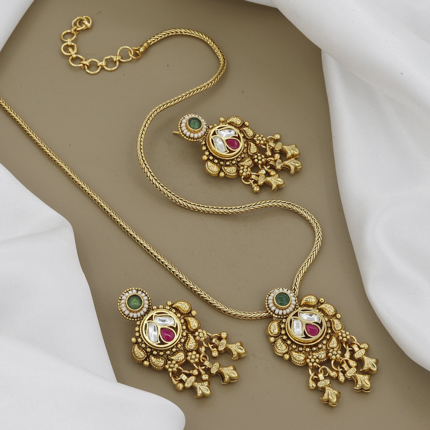 Elegant Kundan Chain Long Necklace Set with Ruby & Emerald Accents