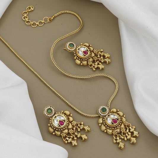 Elegant Kundan Chain Long Necklace Set with Ruby & Emerald Accents