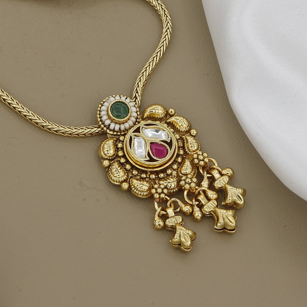 Elegant Kundan Chain Long Necklace Set with Ruby & Emerald Accents