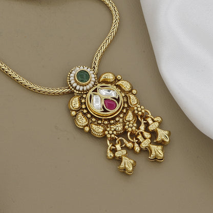 Elegant Kundan Chain Long Necklace Set with Ruby & Emerald Accents