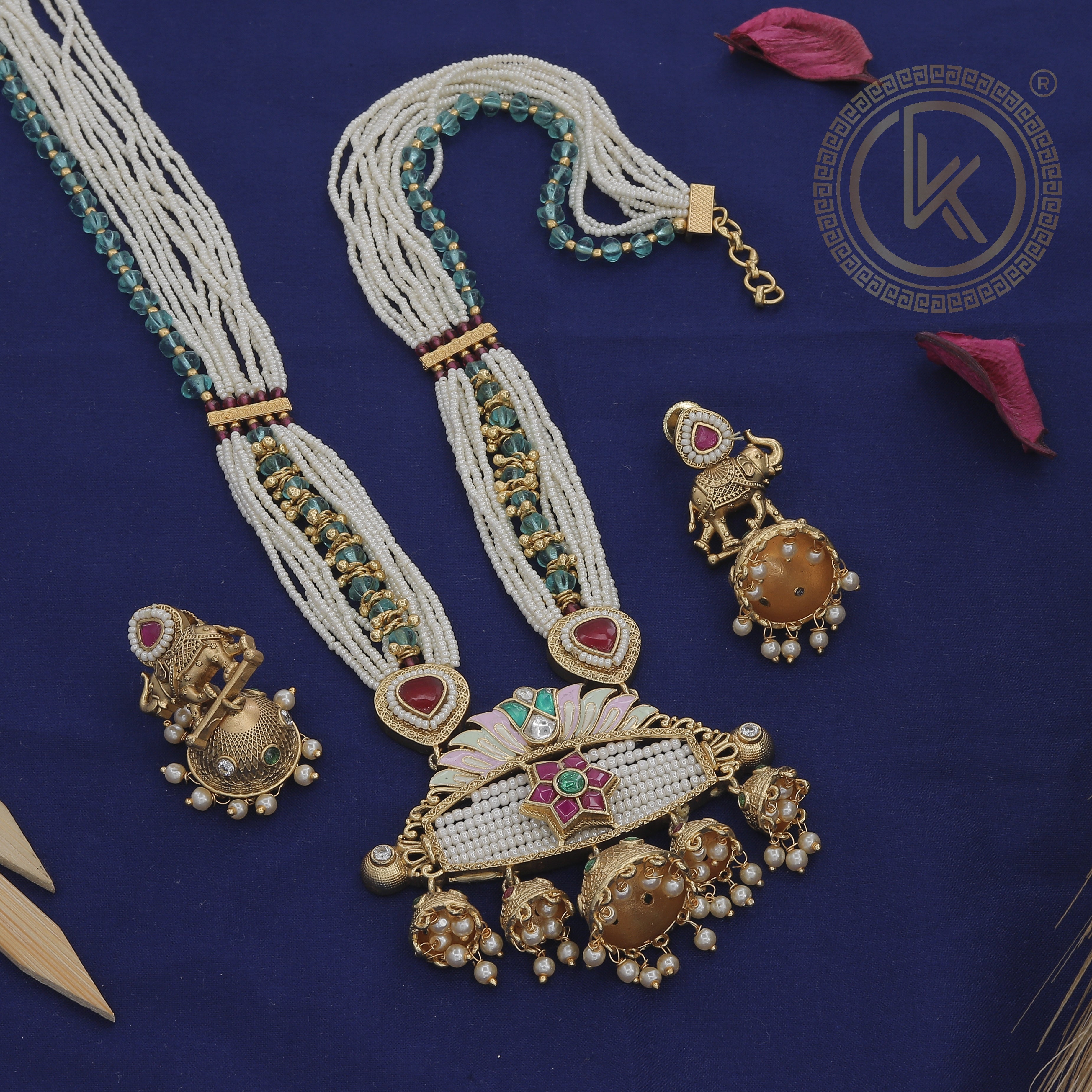 Meenakari Elephant Pearl Necklace Set