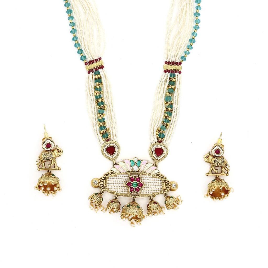 Meenakari Elephant Pearl Necklace Set