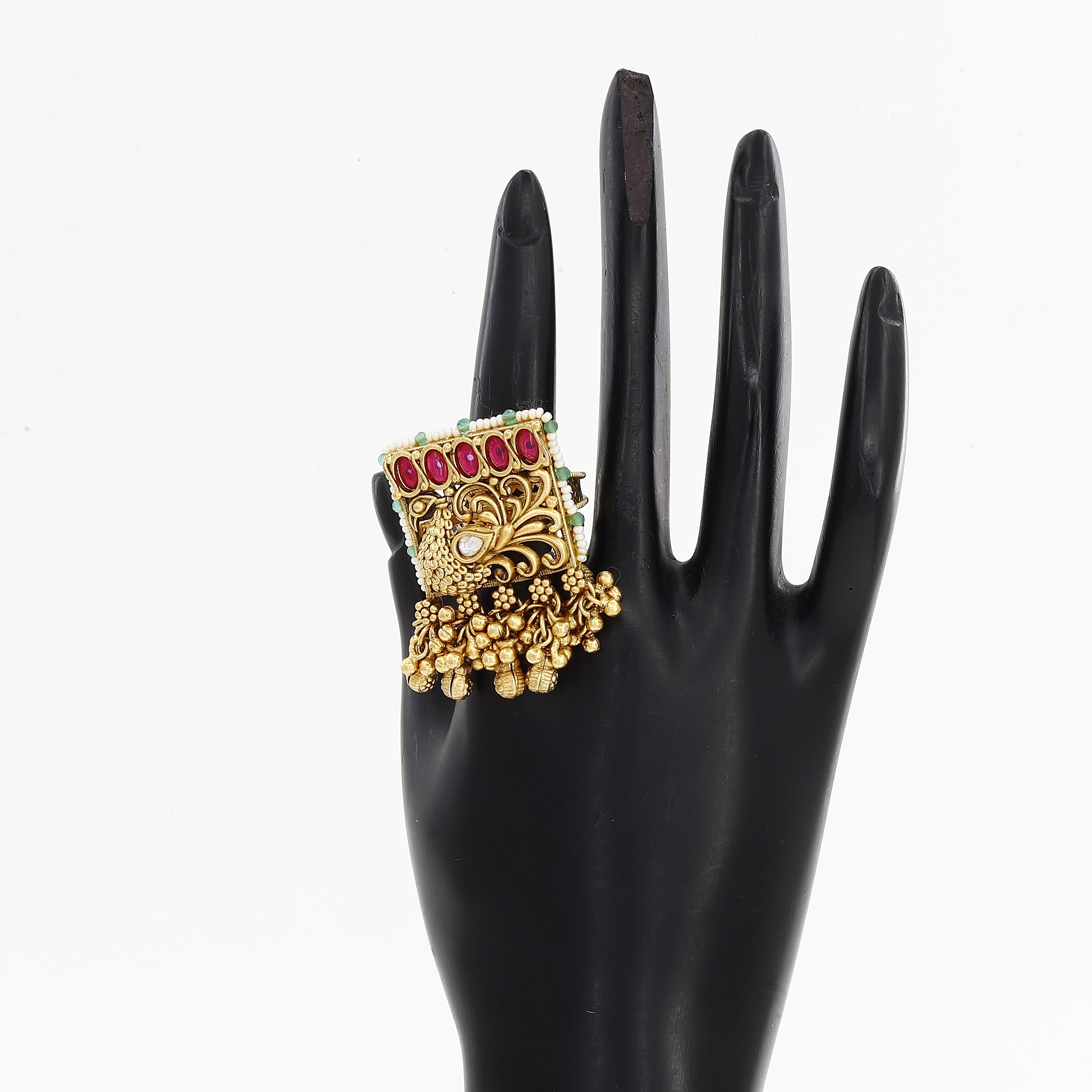 Antique Peacock Finger Ring with Gemstones and Pearls
