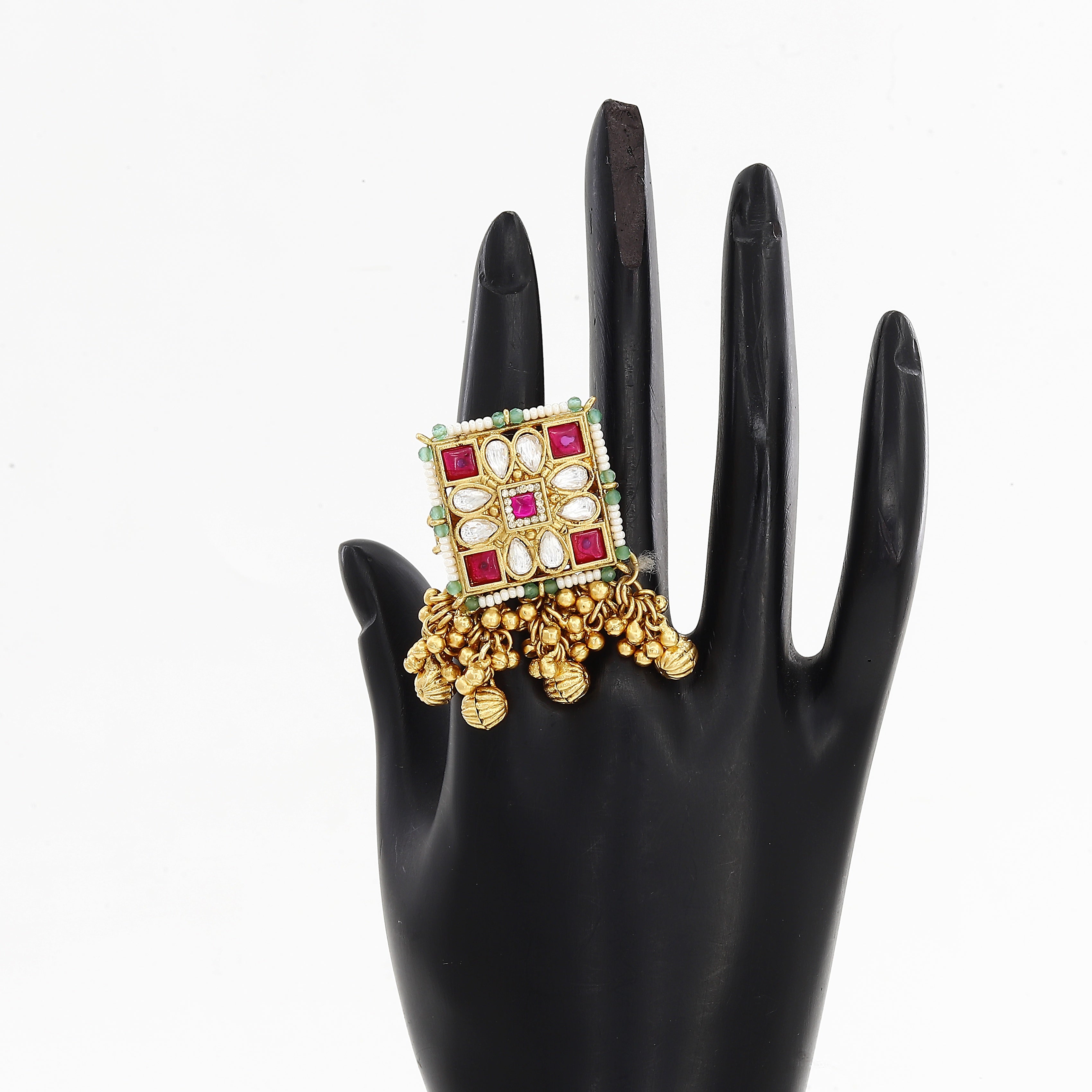 Ruby, White & Green Stone Kundan Freesize Ring