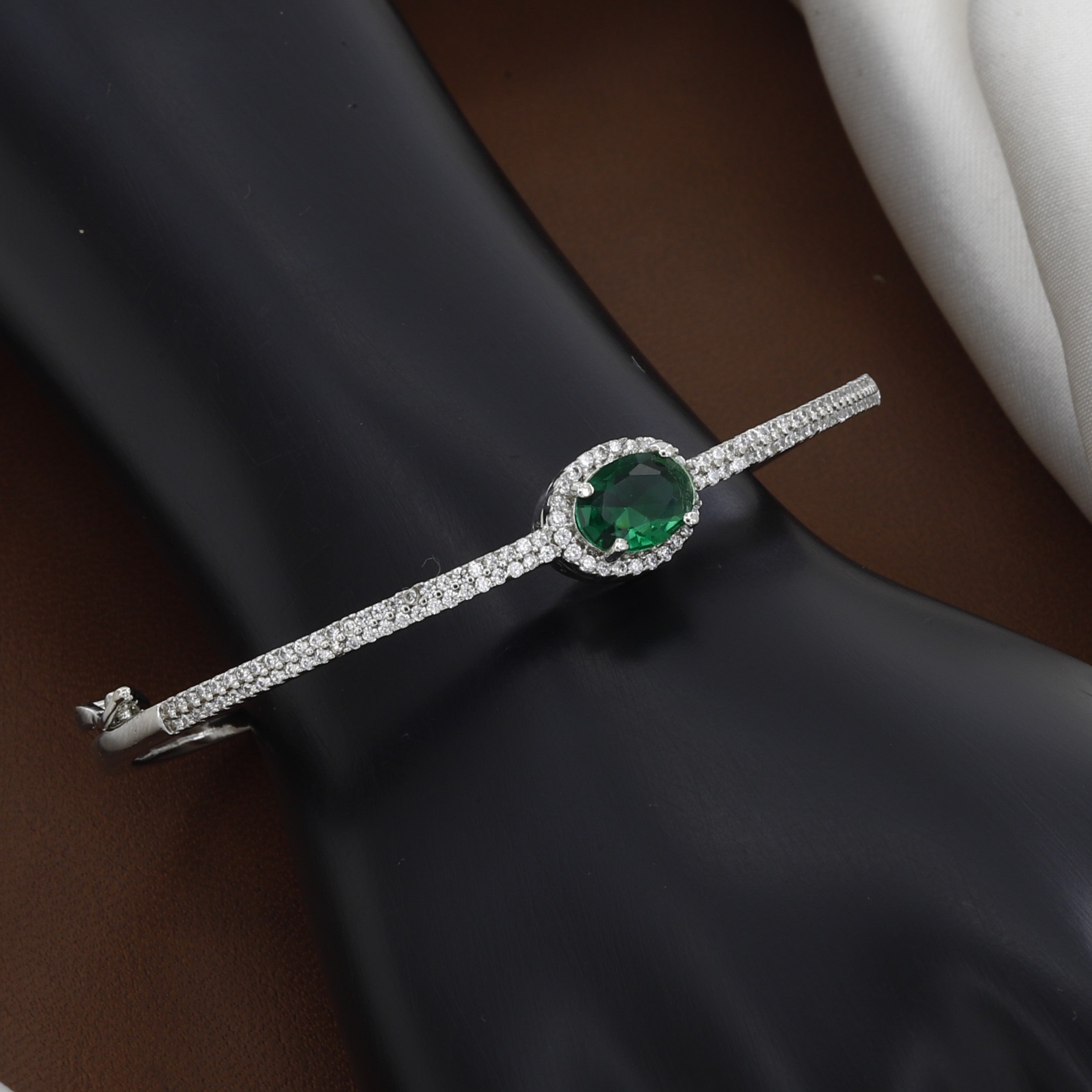 Silver CZ Bangle Bracelet with Emerald Colors