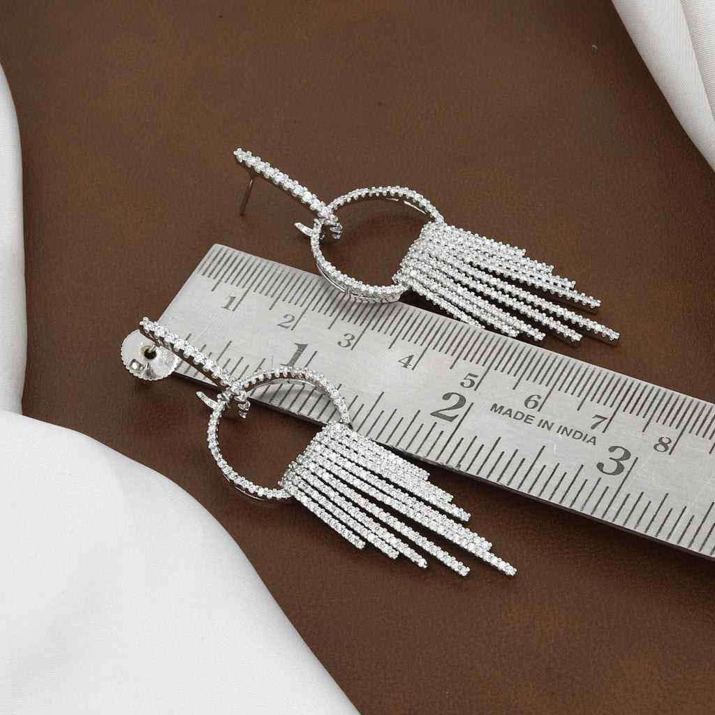 Silver Plated CZ Tassel Hoop Drop Earrings