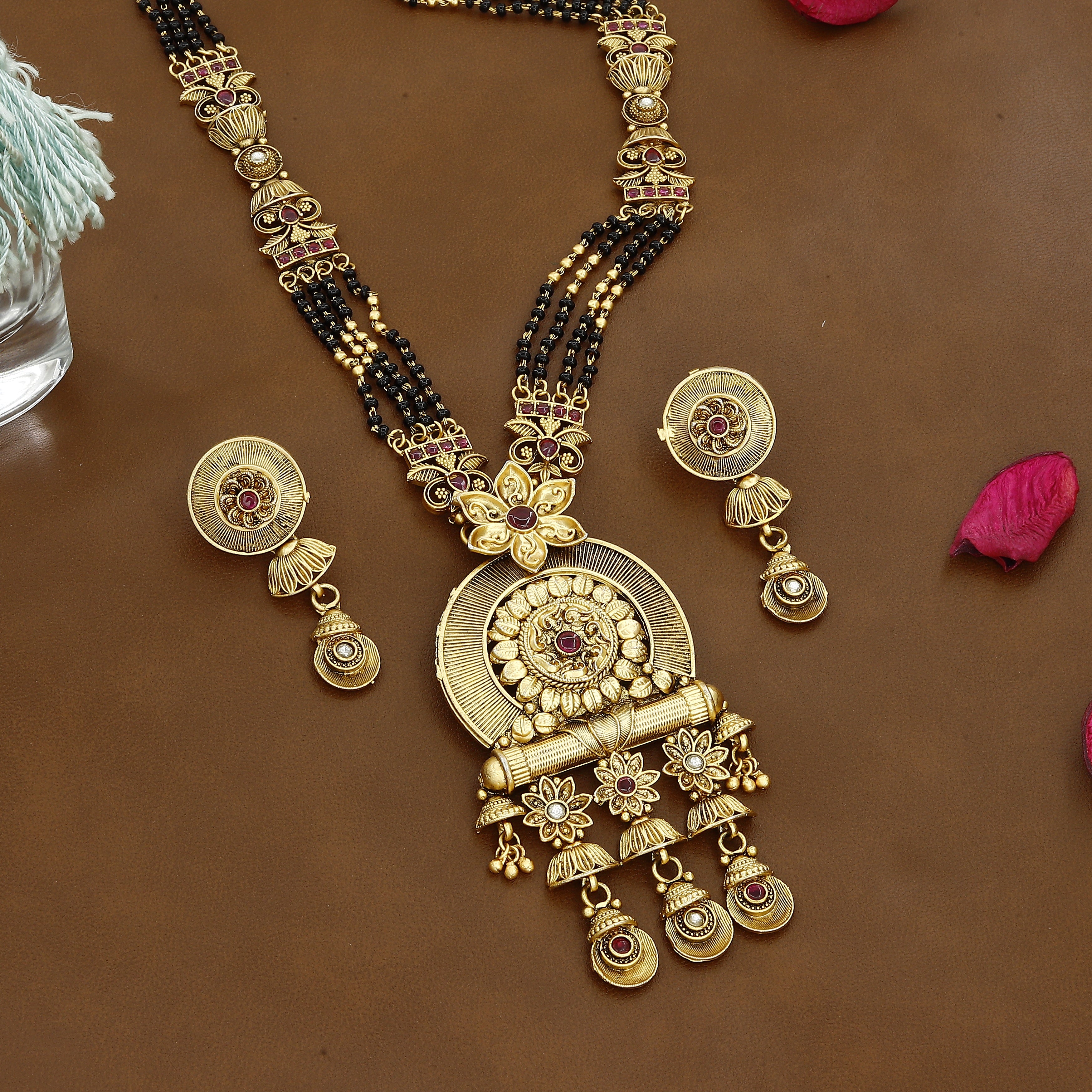 Elegant Gold Mangalsutra with Floral Pendant & Black Beads