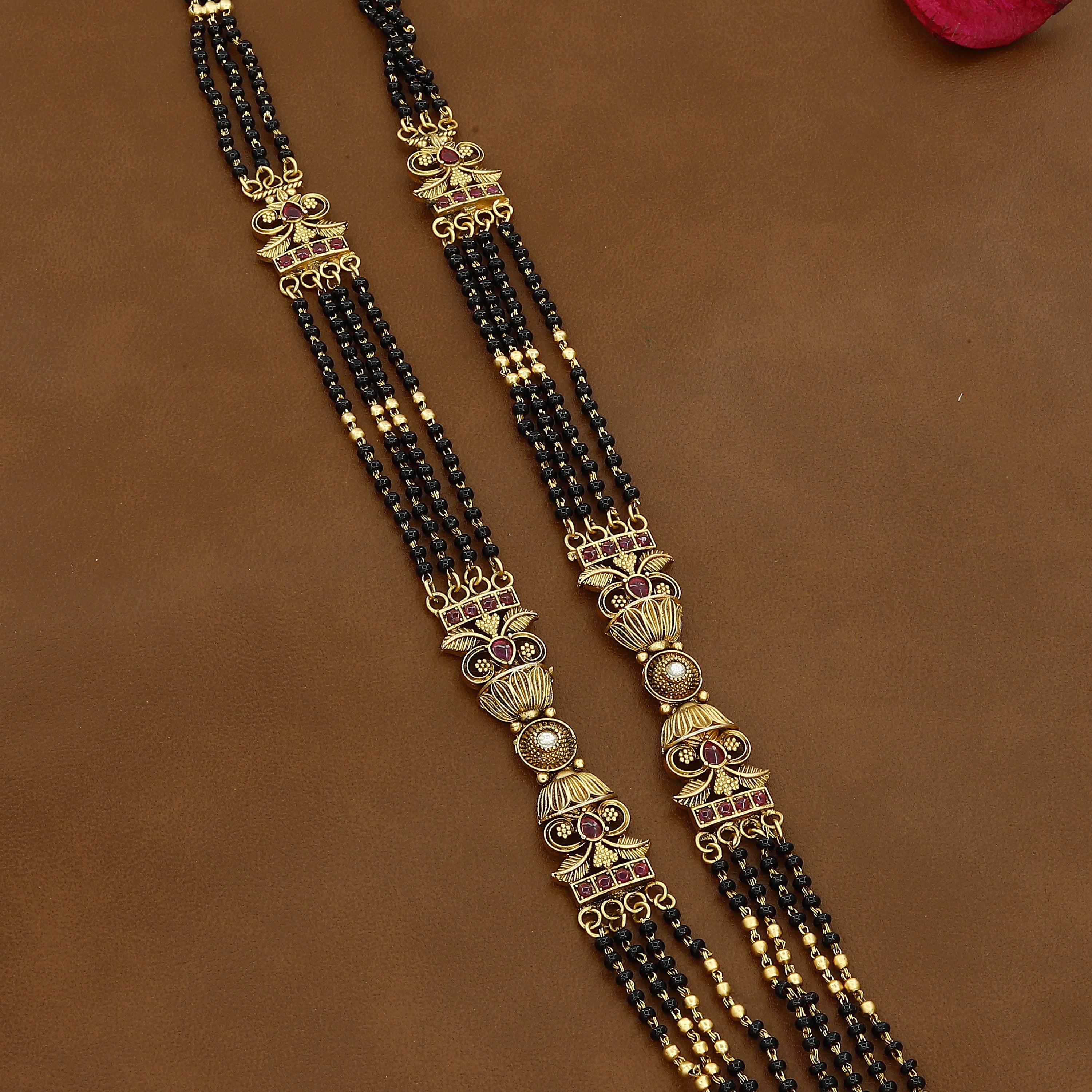 Elegant Gold Mangalsutra with Floral Pendant & Black Beads