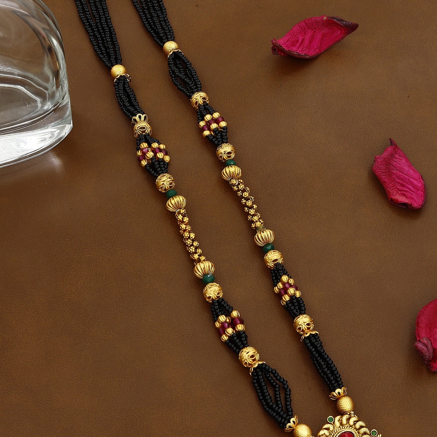 Elegant Black Beads Mangalsutra Set with Gold Pendant & Earrings