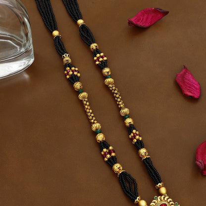 Elegant Black Beads Mangalsutra Set with Gold Pendant & Earrings