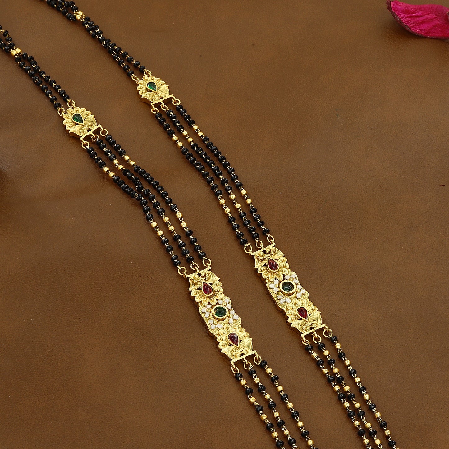 Exquisite Rajwadi Mina Gold Mangalsutra Set with Black Beads