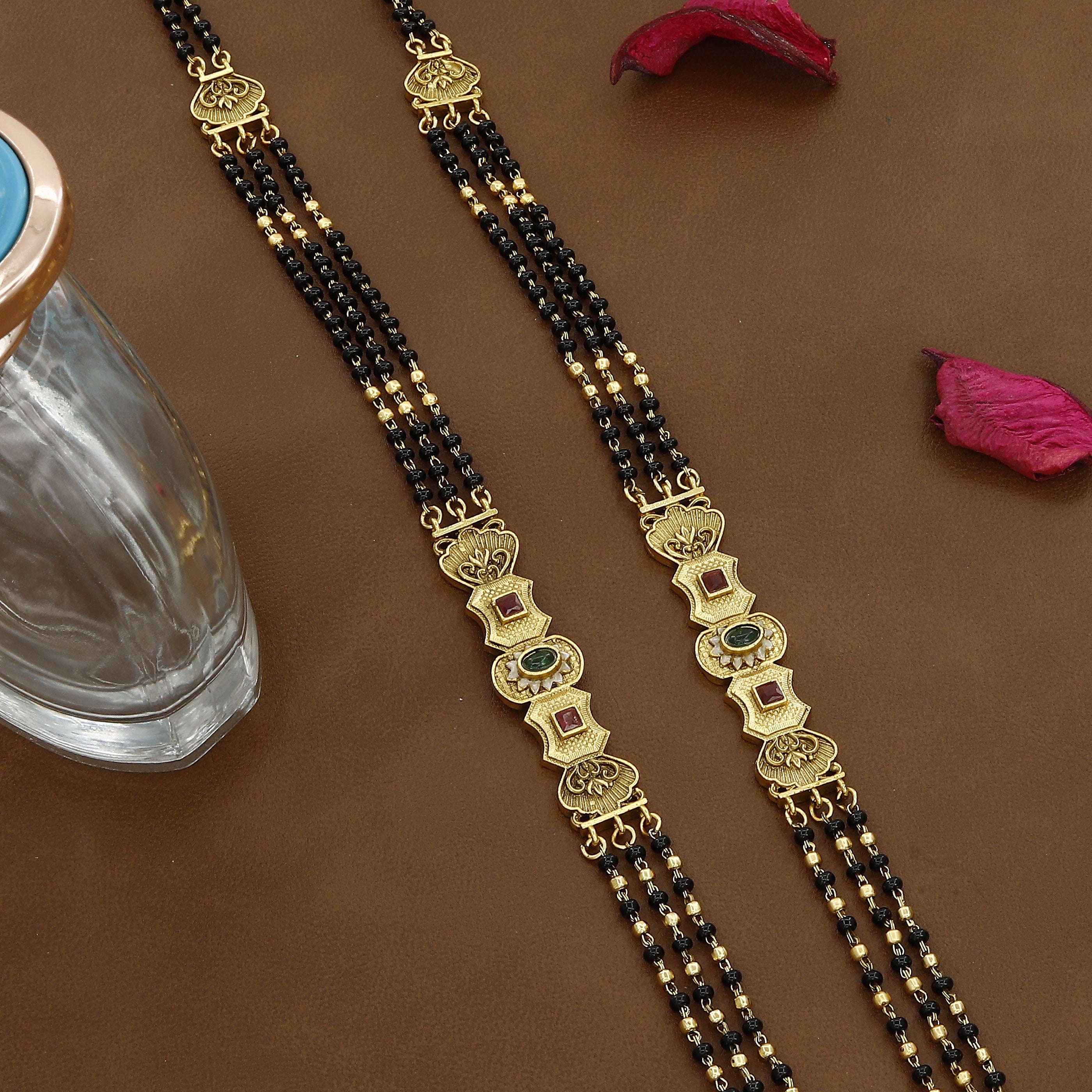 Royal Kundan Style Gold Mangalsutra Set with Black Beads