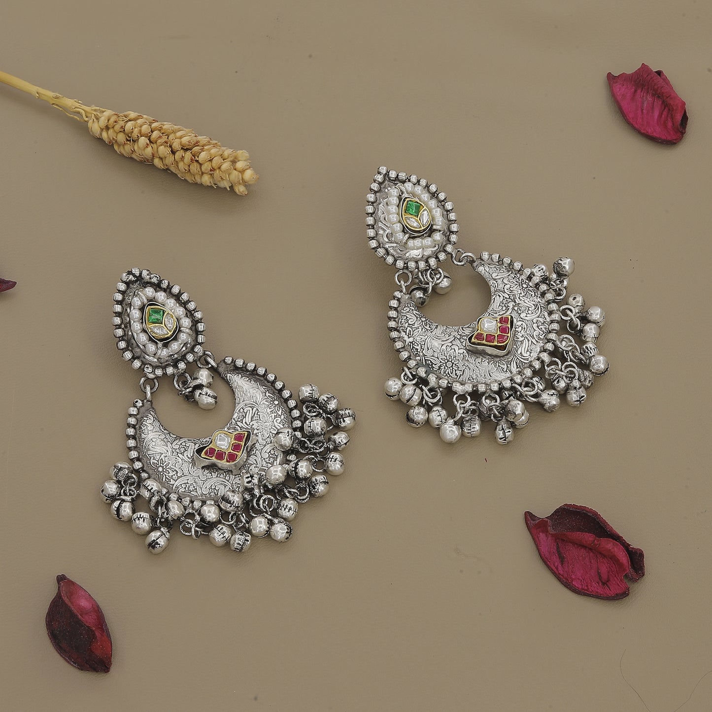 Handcrafted Antique Finish Necklace with Crystal Centerpiece and Earrings