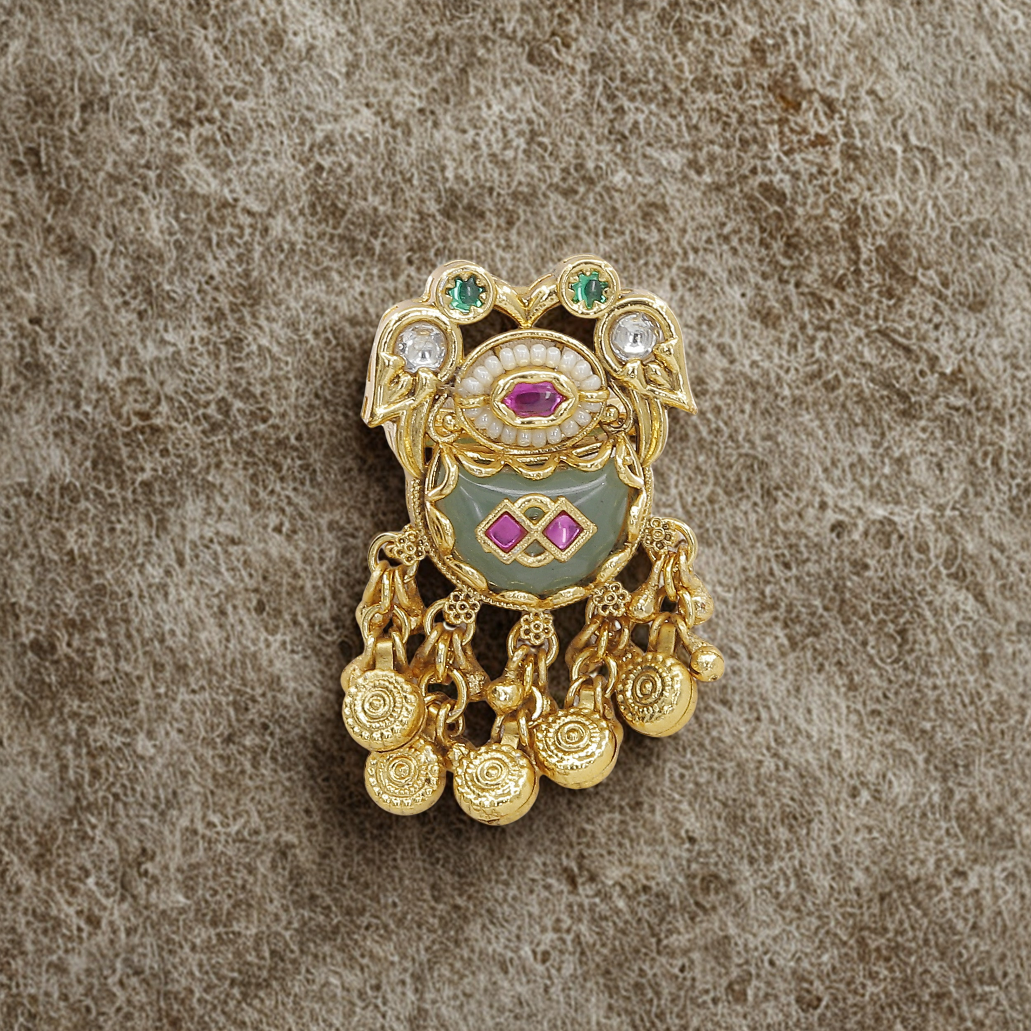 Vintage Gold-Plated Moti Finger Ring with Stone and Jhumki Drops
