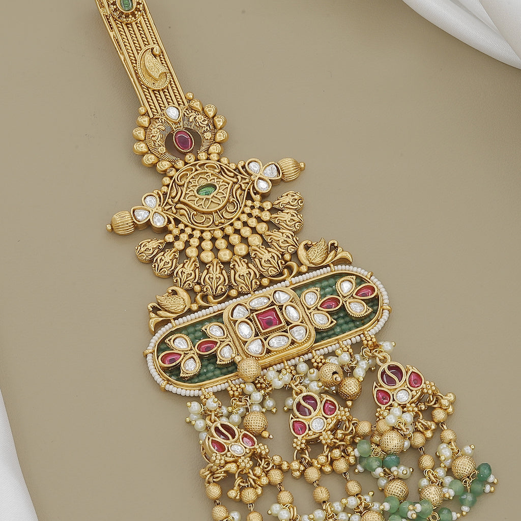 Gold Belly Juda with Green Beads, Kundan, and Pearl Detailing