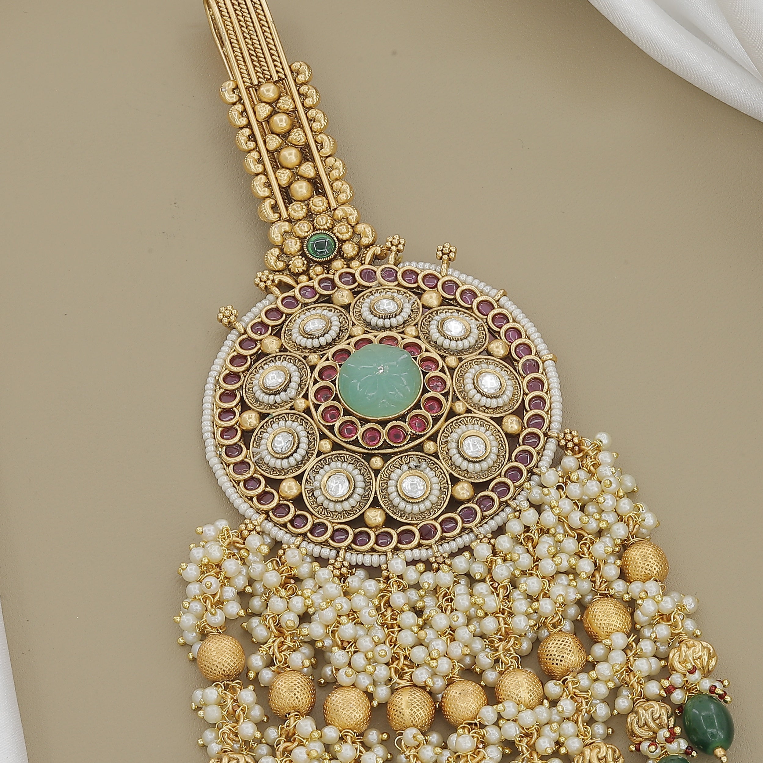 Round Gold Belly Juda with Green Stone Center and Pearl Fringe
