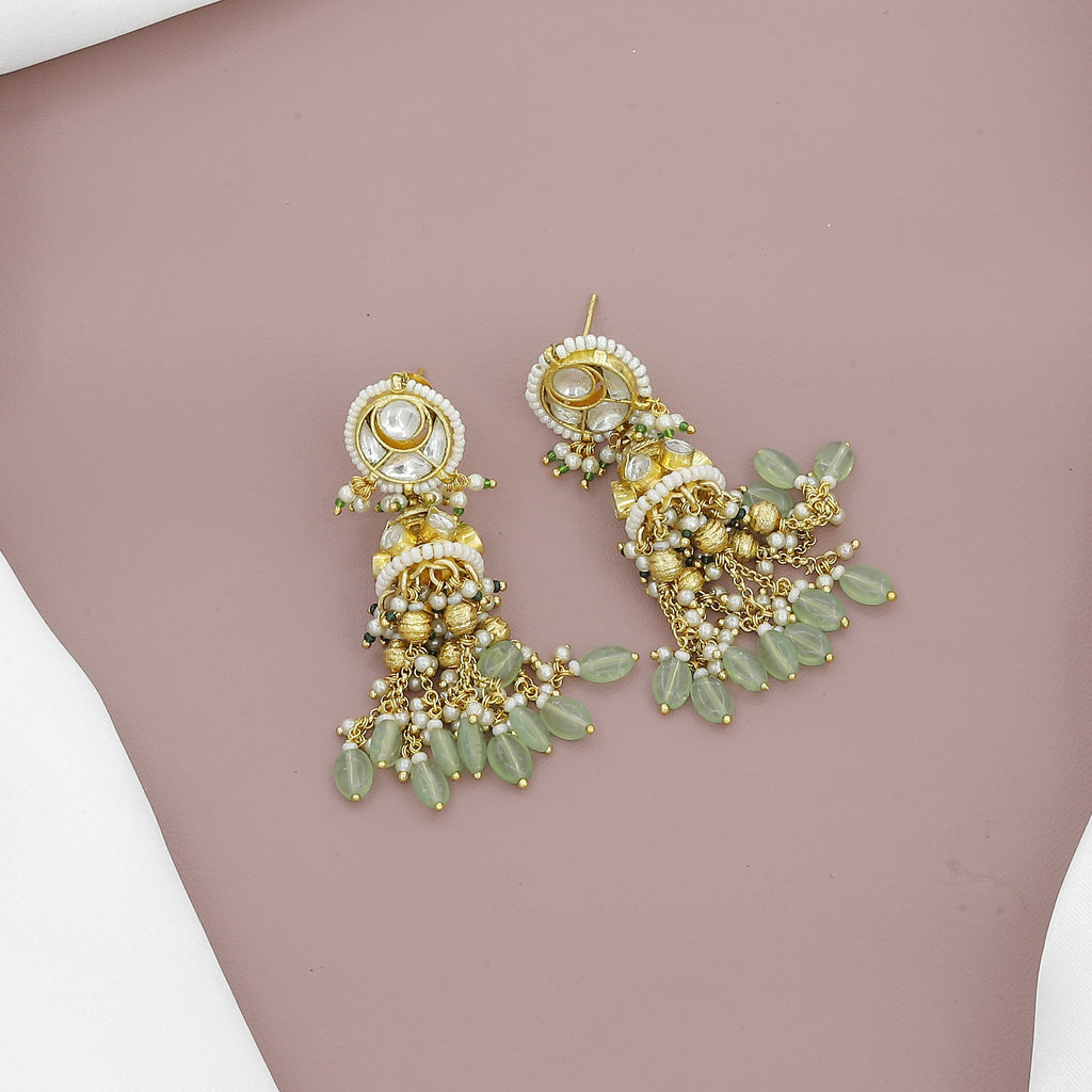 Elegant Kundan Necklace Set with Green Beads & Pearl Detailing