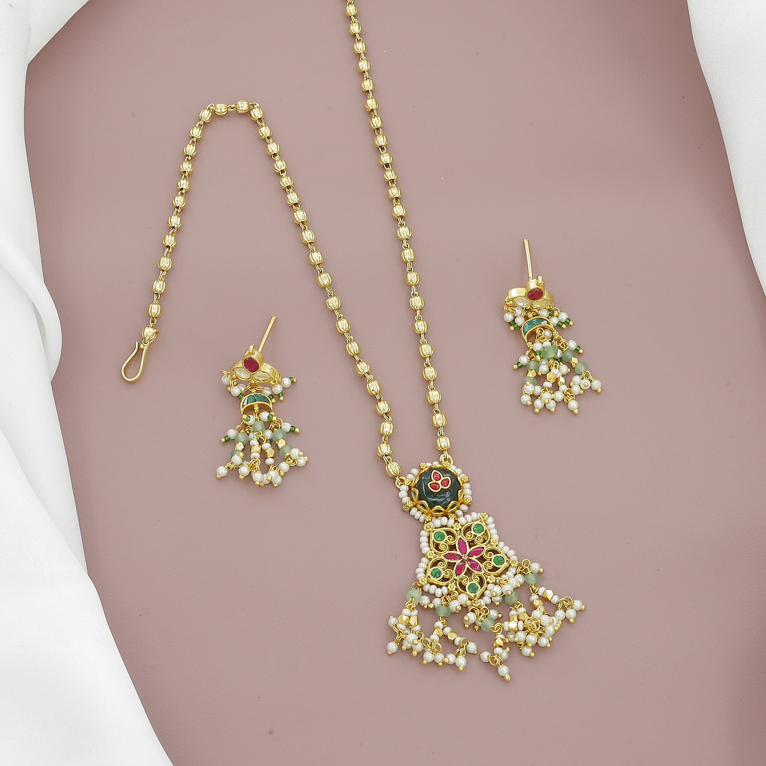 Gold Plated Pearl & Stone Studded Jewellery Set