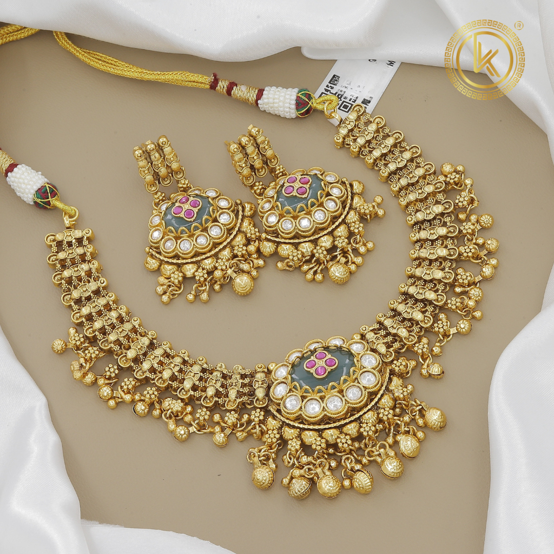 Ethnic Gold-Plated Choker Necklace Set with Meenakari & Jhumki Drops
