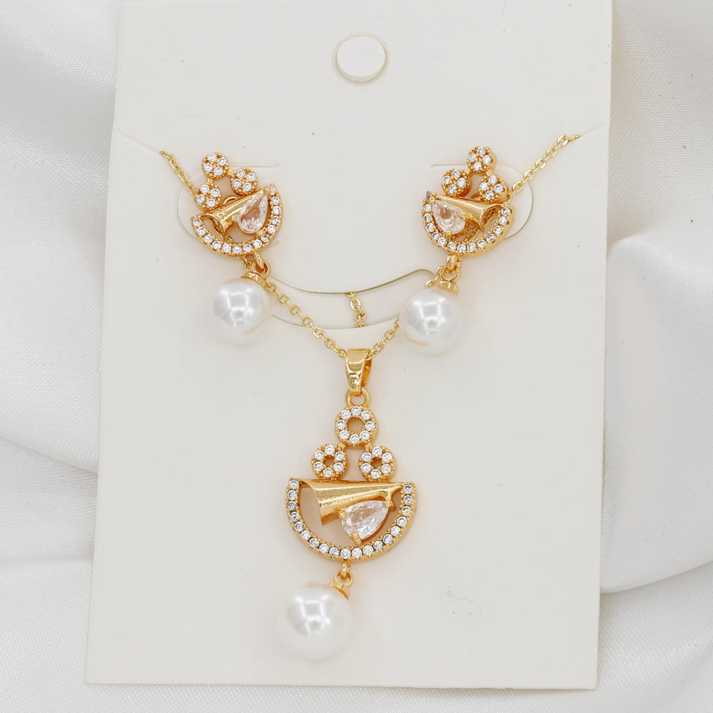 Gold Plated Elegant Pearl & Pendent Earring Set