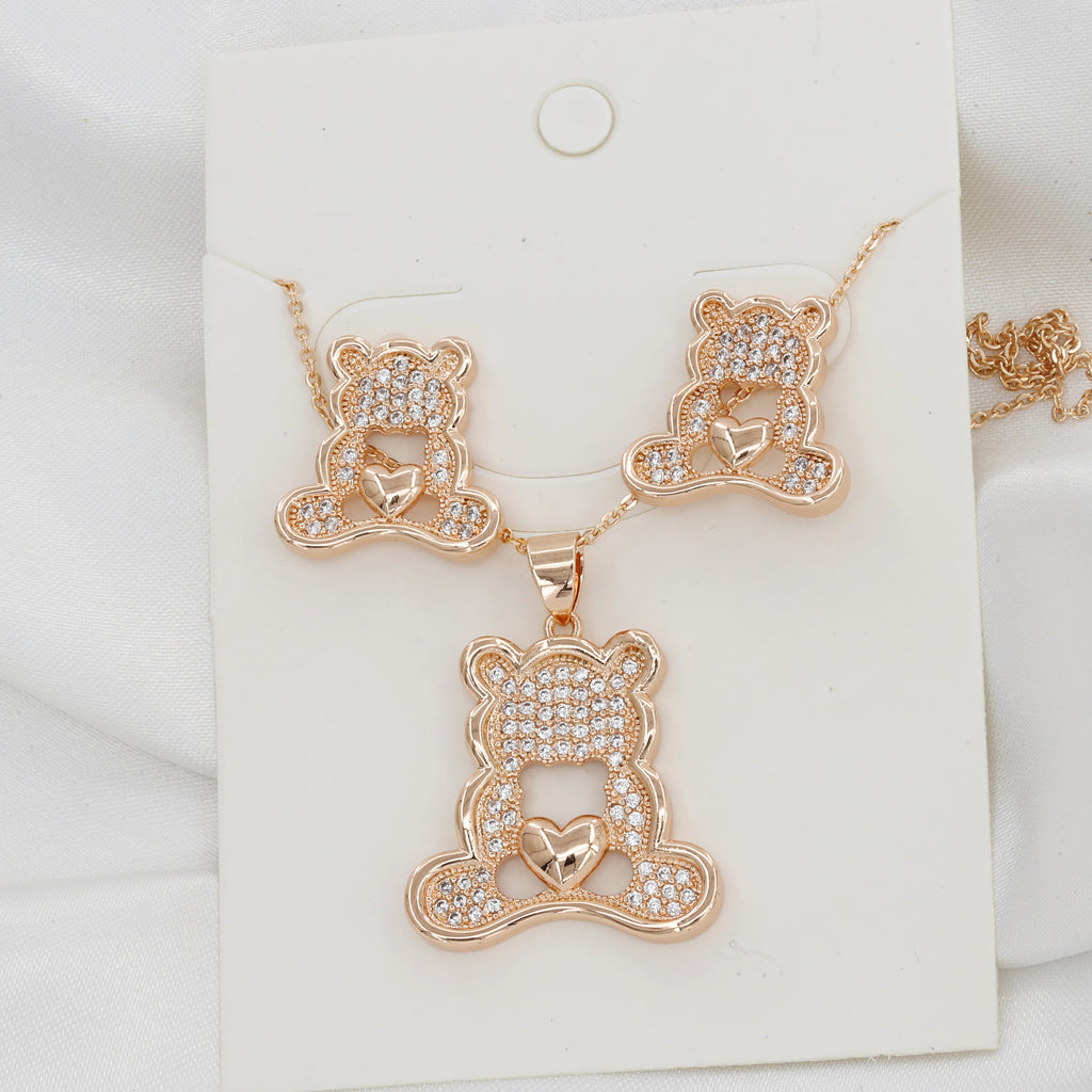 Rose Gold Cute Teddy Bear Pendent & Earring Set