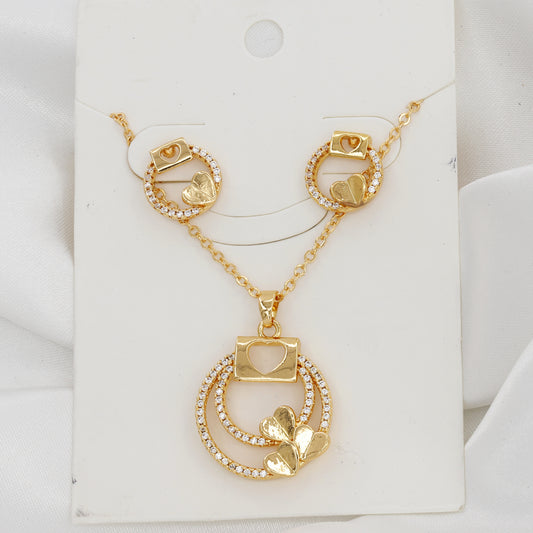Gold Plated Heart & Clover Pendent Set
