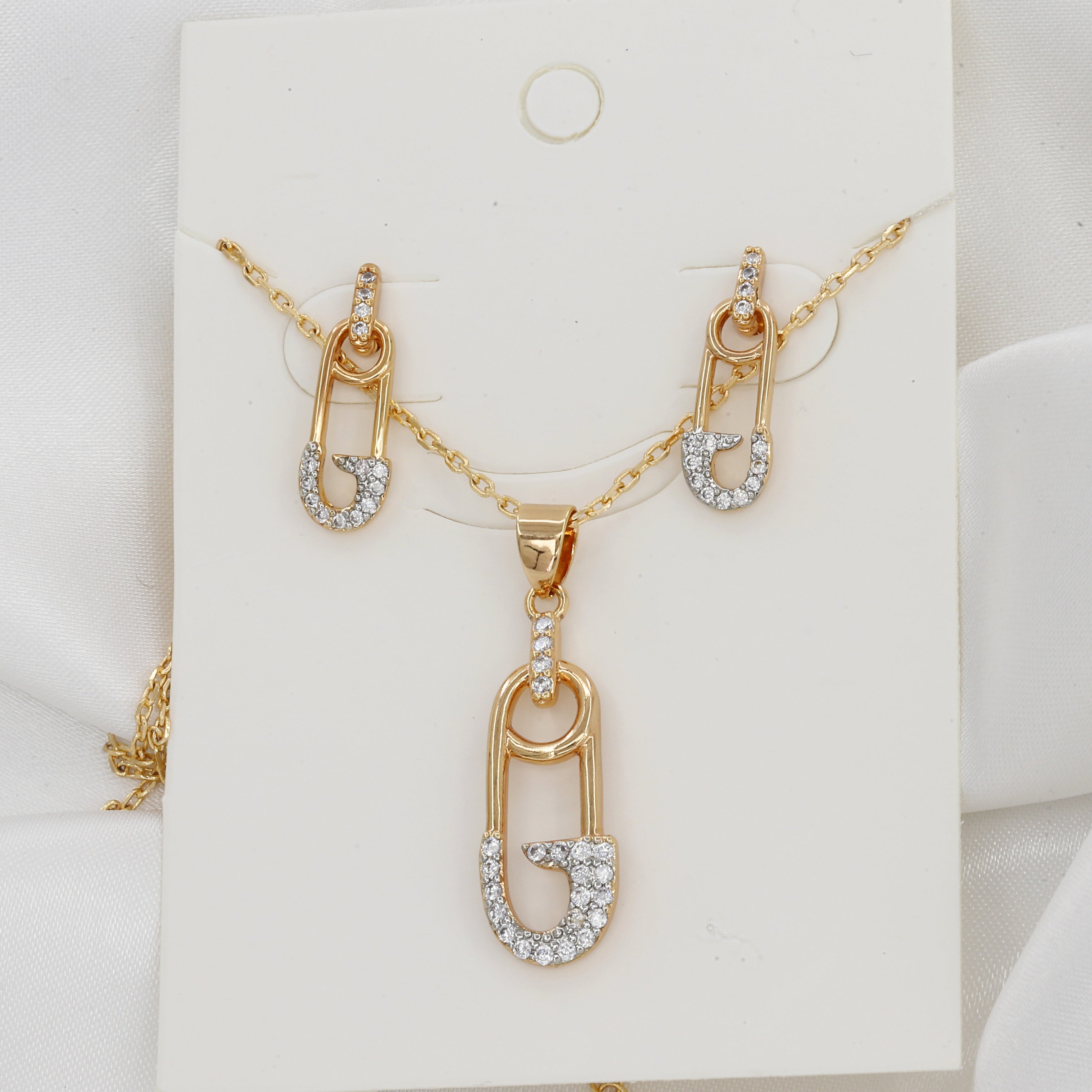 Gold Plated Trendy Safety Pin Pendent & Earring Set
