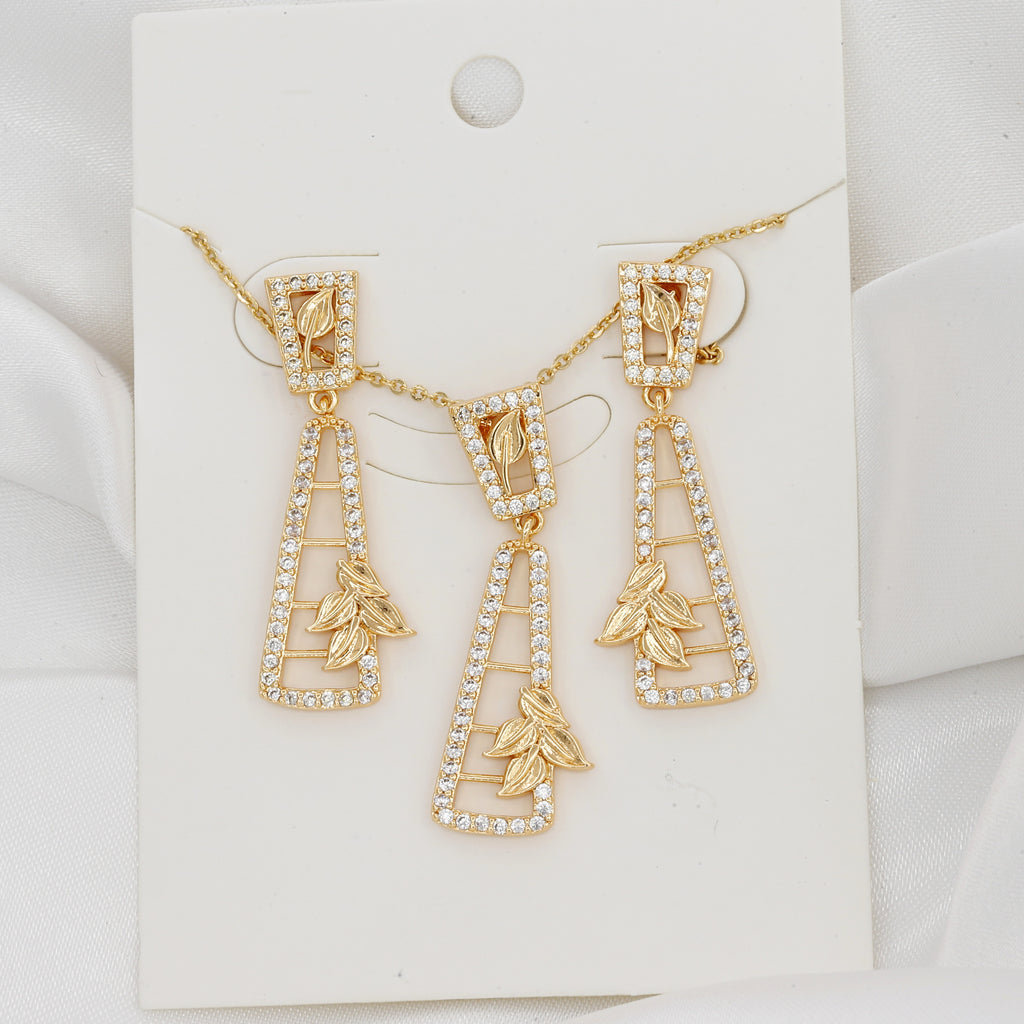 Gold Plated Leaf Design Pendent Earring Set