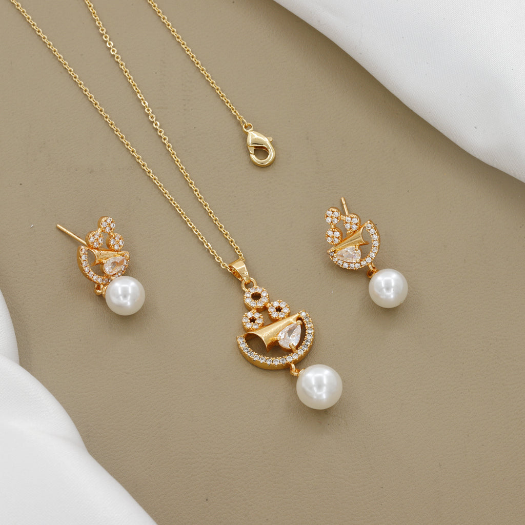 Gold Plated Elegant Pearl & Pendent Earring Set
