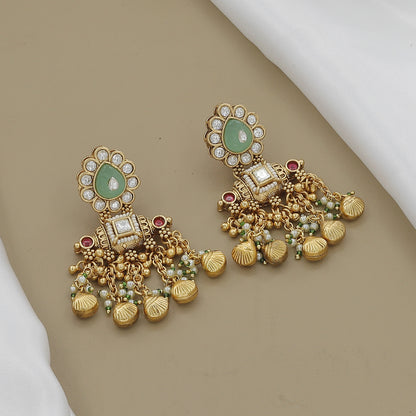 Traditional Antique Gold-Toned Peacock Motif & Green Stone Necklace Set