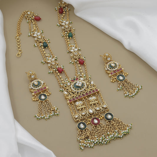 Traditional Antique Gold-Toned Enamel & Kundan Necklace Set