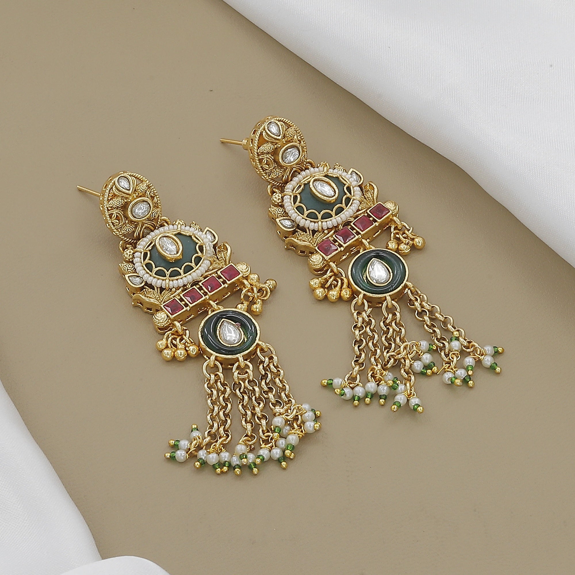 Traditional Antique Gold-Toned Enamel & Kundan Necklace Set