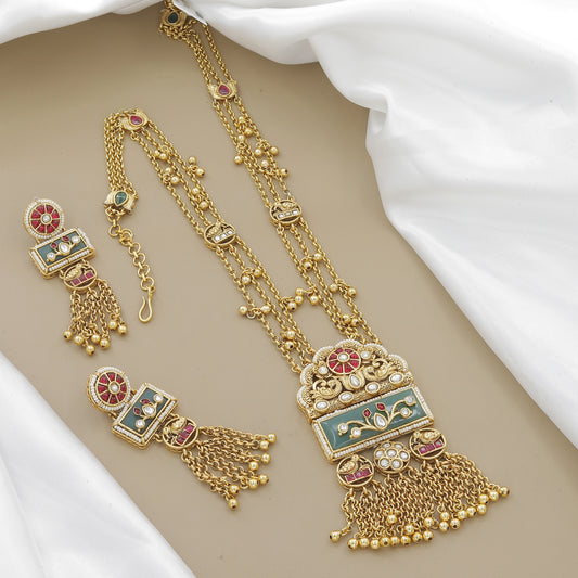 Rectangular Enamel Pendant Necklace with Kundan & Gold Chains