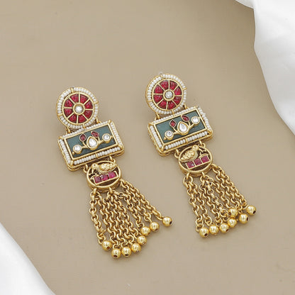 Rectangular Enamel Pendant Necklace with Kundan & Gold Chains